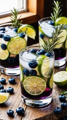 Vibrant Refreshing Beverages in Clear Glass Tumblers with Lime, Blueberries, and Rosemary Beautiful Image 4k ultra realastic Generated by Ai