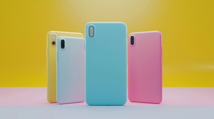 Colorful smartphone cases in pastel shades are positioned stylishly against a cheerful backdrop