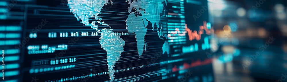 Poster a close-up of a computer screen displays multiple currency exchange rates, with a world map faintly 