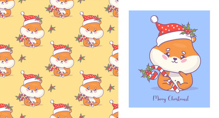 Cute Christmas hamster postcard and background. Seamless pattern with funny cartoon rodent kawaii character in Santa hat with striped candy cane with holly. Vector illustration. Kids collection