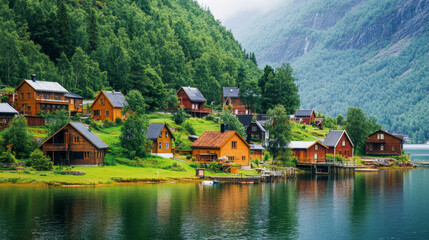 Fototapeta premium Idyllic norwegian village with traditional wooden houses reflecting in the calm water of a fjord on a cloudy summer day