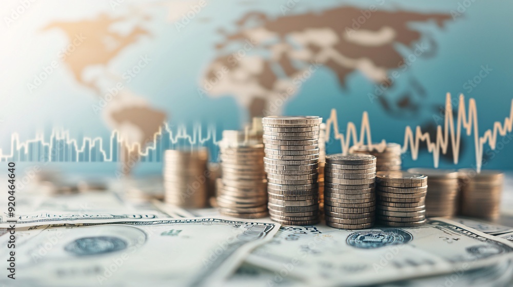 Poster an array of international currency notes is displayed in front of a world map, with a graph showing 