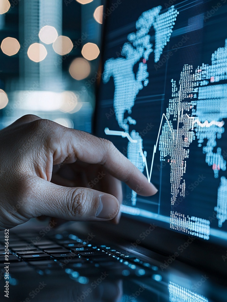 Poster a financial analyst reviews a report showing currency exchange rates with a world map in the backgro