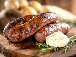 Baked sausage with baked potato. AI generative.