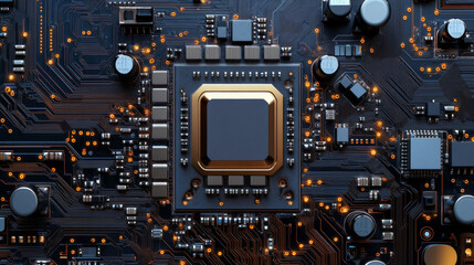 Modern cpu is running complex calculations on a circuit board, with glowing orange lights showing activity