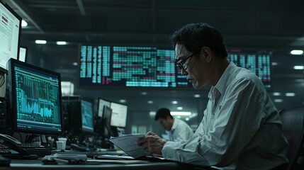 Fototapeta premium A documentary image showing a busy trading floor, where the effects of currency fluctuations are evident on the faces of the traders, with real-time data displayed prominently,