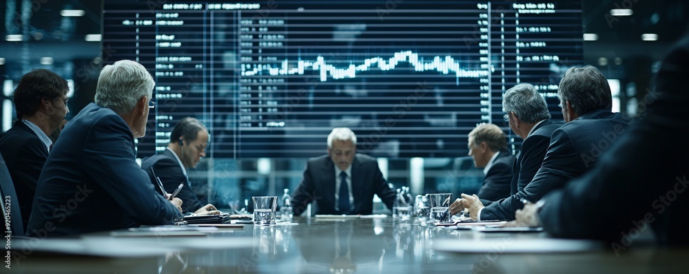 Poster editorial photography capturing the tension in a boardroom as executives react to sudden changes in 