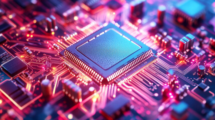 Futuristic technology concept: cpu processing data on motherboard with lighting circuits