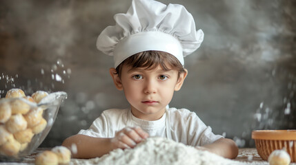 小麦粉料理に挑戦する幼い男の子