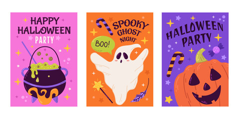 Fototapeta premium Happy Halloween party posters or flyers set. Vector illustration with pumpkin, ghost, moon.