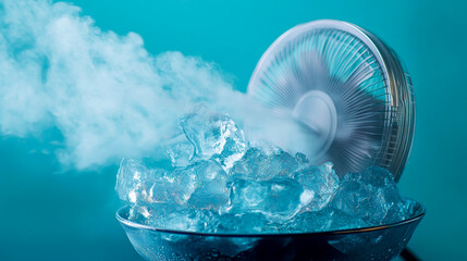Portable fan blows on a bowl of ice cubes, creating a refreshing cool breeze against a blue backdrop