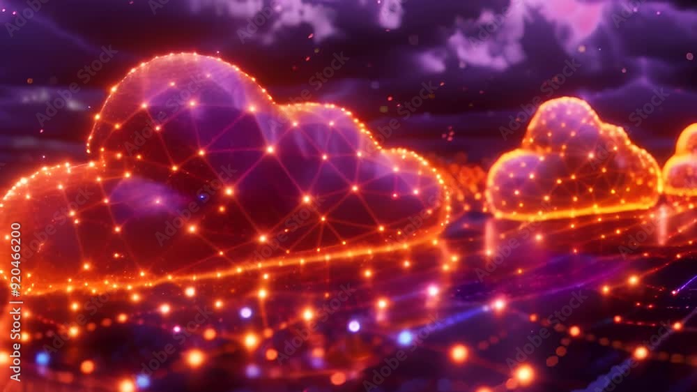Poster video of futuristic cloud computing concept with digital clouds connected by glowing orange networks
