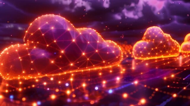 Video of futuristic cloud computing concept with digital clouds connected by glowing orange networks, set against dark, stormy sky. cloud technology, data transmission, futuristic digital landscape