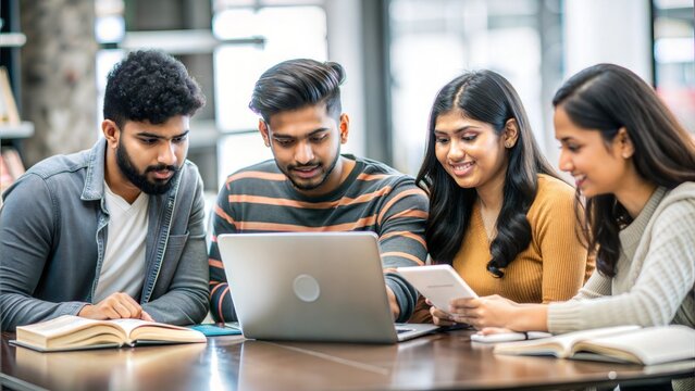 A group of Indian students engaged in a study session at a table in a university study room, with books and laptops on the table.

