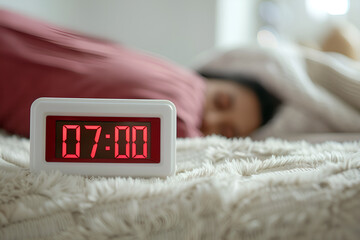 Close up of a digital alarm clock with red numbers on a white plastic body, displaying "07:00" in the front view, Generative AI 
