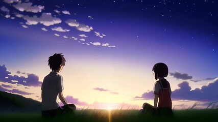 video of anime characters sitting on hill during twilight, facing sunset. beauty of calm evening, with focus on characters emotional interaction and  stunning scenery