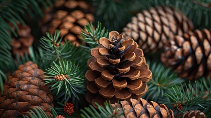 Obraz premium A close-up of pine cones nestled among vibrant green pine needles, showcasing nature's beauty and texture in a serene setting.