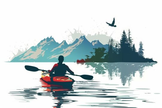 kayaker on lake with mountains and bird clip art preview