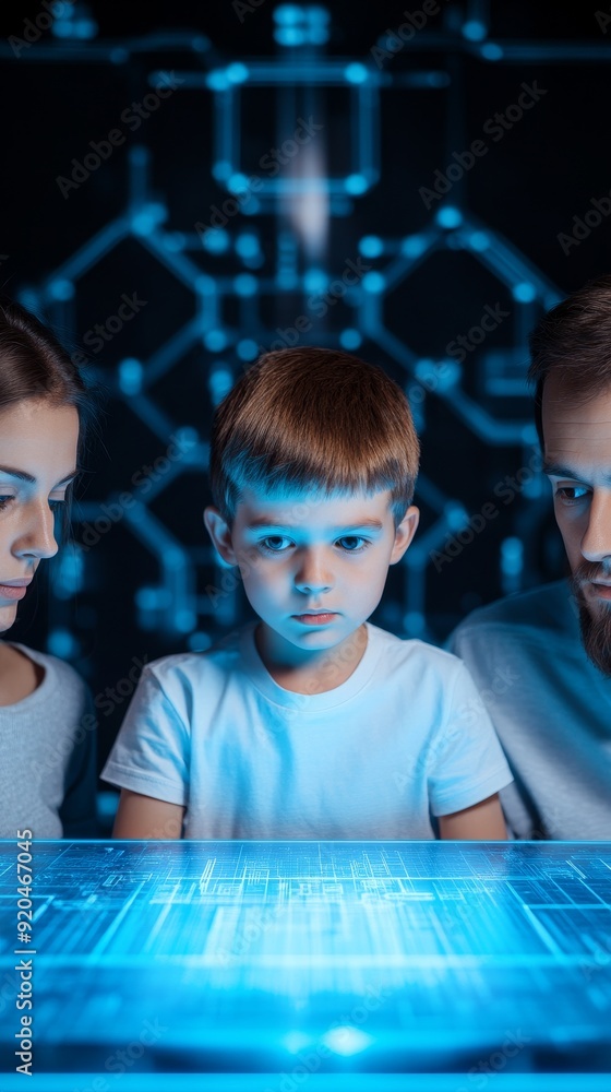 Aufkleber family of three gazing at futuristic holographic screen displaying digital data and circuitry - tech