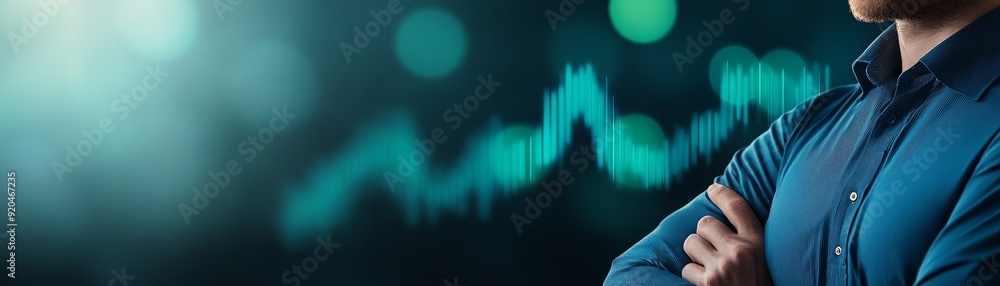 Poster confident businessman with arms crossed in front of blurred stock market data and chart pattern on b