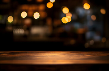 Empty wood table top on blur light gold bokeh of cafe restaurant in dark background