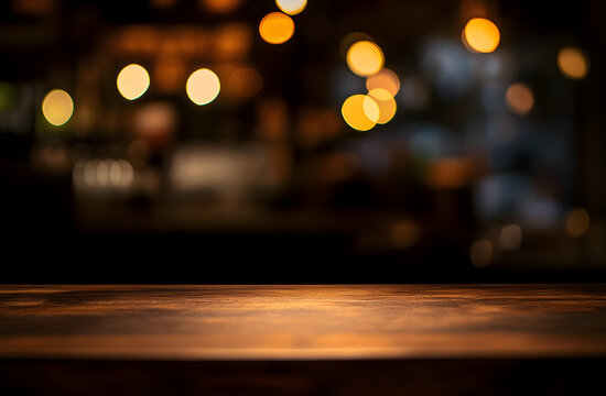 Empty wood table top on blur light gold bokeh of cafe restaurant in dark background