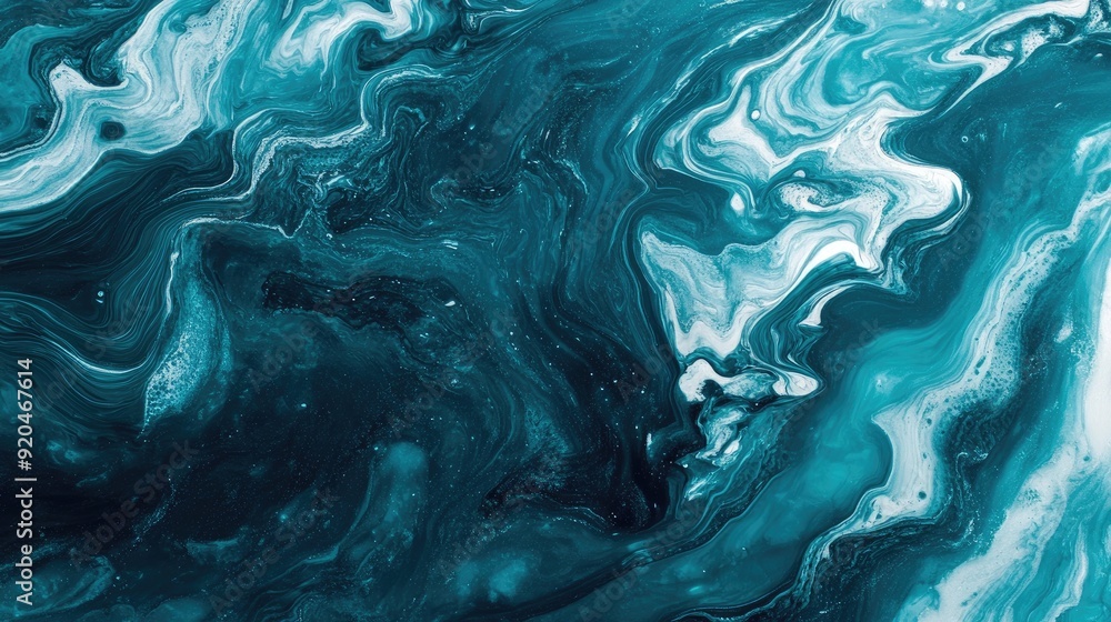 Poster a mesmerizing teal marble effect with swirling white patterns, capturing the fluidity and elegance o