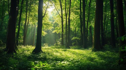 A serene forest floor, bathed in soft sunlight, with lush green foliage creating a peaceful and calming natural scene, perfect for relaxation.