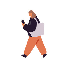 Woman carries shoulder bag, communicates by smart phone on the go. Girl holds smartphone in hand, texting during walk. Person chats by telephone. Flat isolated vector illustration on white background