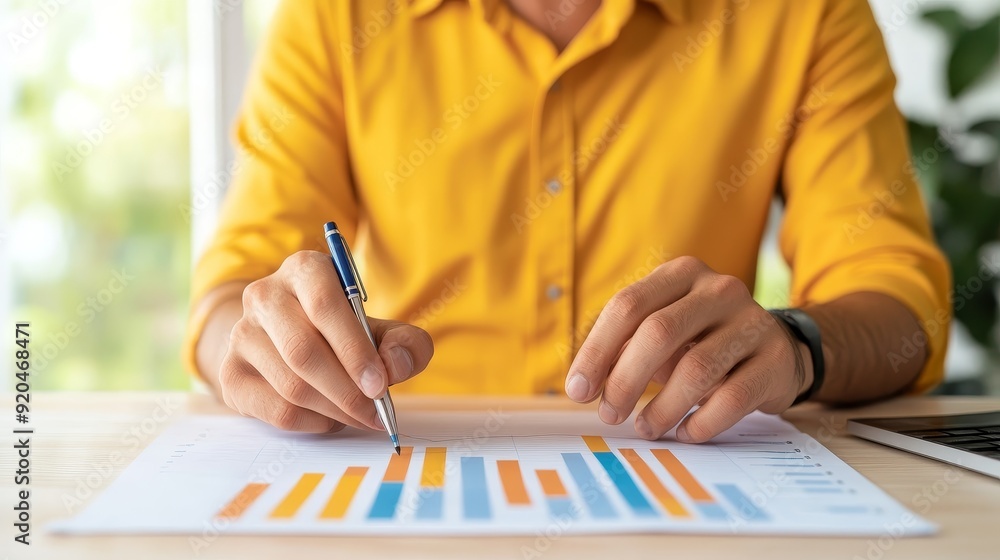 Poster close-up of a man's hands analyzing a business graph with a pen, focusing on financial data and stra