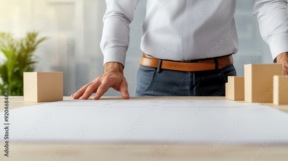 Poster businessman working on project with wooden blocks and blueprint on table in office
