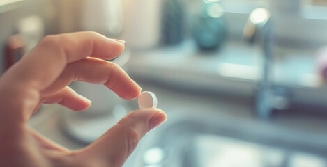 A woman's hand holds a small white pill, medicine, close-up, selective focus.