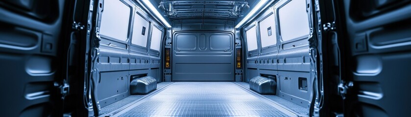 Futuristic and sleek interior of a modern metallic storage space with bright overhead lights.