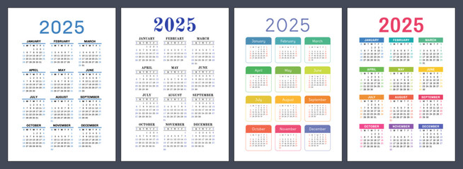 2025 calendar set. Vector pocket calender design. Week starts on Sunday. January, February, March, April, May, June, July, August, September, October, November, December