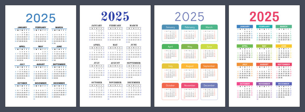 2025 calendar set. Vector pocket calender design. Week starts on Sunday. January, February, March, April, May, June, July, August, September, October, November, December