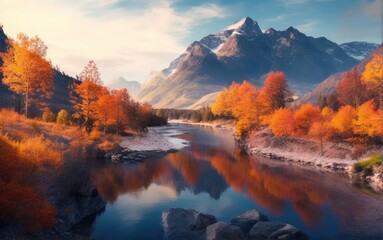 Autumn landscape river and mountains