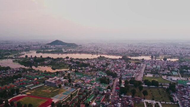 City (Srinagar) aerial view near dargah with Hariparbat fort and Nigeen lake in the background