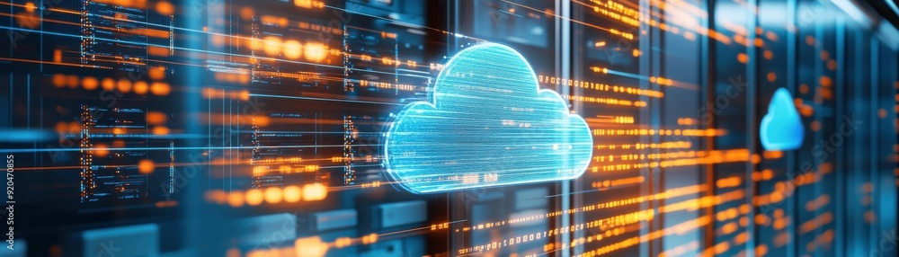Poster futuristic cloud technology visualizing data transfer and storage in a digital environment with vibr