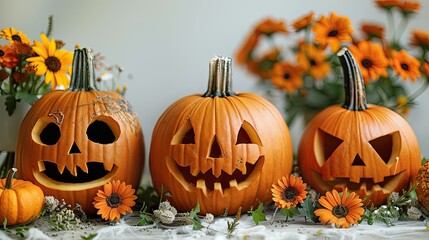Fototapeta premium Three carved pumpkins with cheerful faces surrounded by sunflowers and autumn decor, perfect for Halloween celebrations.