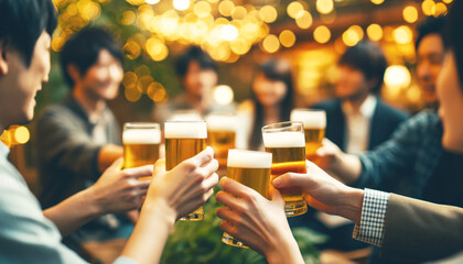 大人数でビールで乾杯する様子