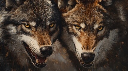 Two Wolves Snarling with Fierce Expressions and Intense Gazes - Capturing the Wild Ferocity and Dominance of Predators in the Animal Kingdom