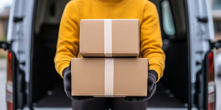 delivery person holding two cardboard boxes in front of a van - fast shipping, reliable service, secure packaging, delivery man, shipping industry