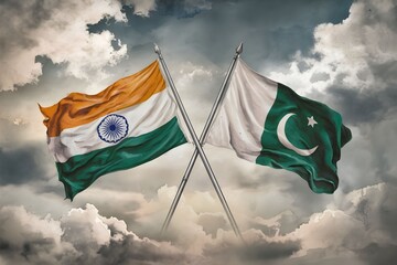crossed national flags of India and Pakistan, waving in the wind at a cloudy sky.