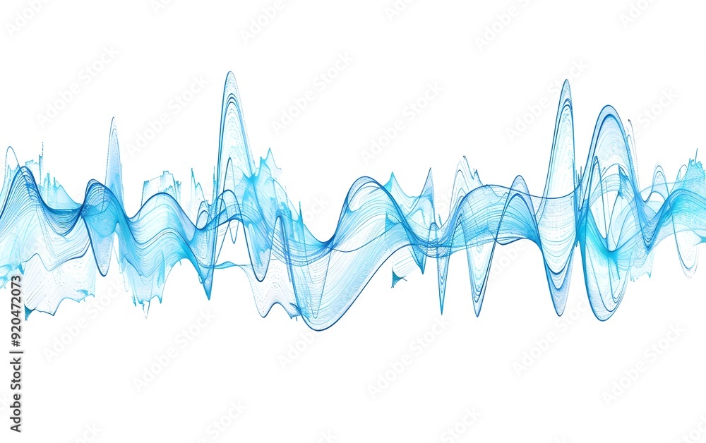 Poster a blue line drawing of an audio wave, with no background and white space around the edges. the lines