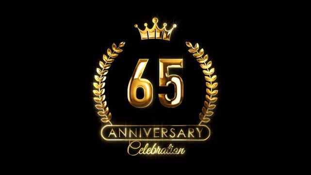 65th Anniversary Celebration. Happy 65 Years Anniversary Animation in Gold Color on the Transparent Background, Alpha Channel. Great for greetings, celebrations, events, and gifts.