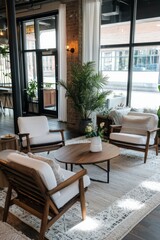 Fototapeta premium A stylish event space set up for a client appreciation gathering with comfortable seating, Generative AI