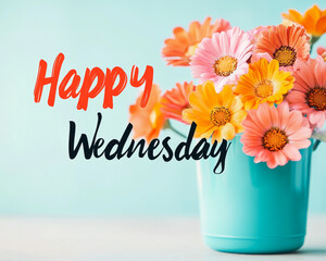 'Happy Wednesday' text against colourful flower arrangement background
