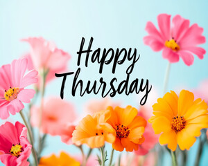 'Happy Thursday' text against colourful flowers background