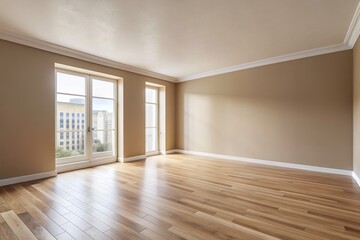 Fototapeta premium Minimalist beige wall empty apartment room with polished wooden floor and plenty of natural light, offering ample copy space for product placement and styling.