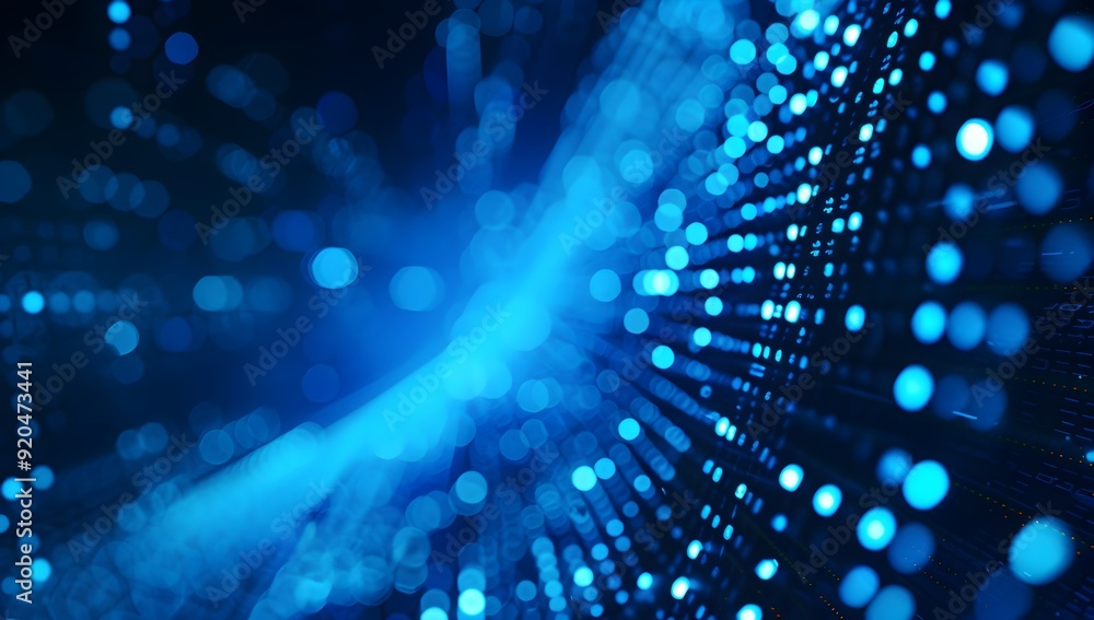 Poster abstract digital background with a blue gradient of dots and glowing lights, representing data techn